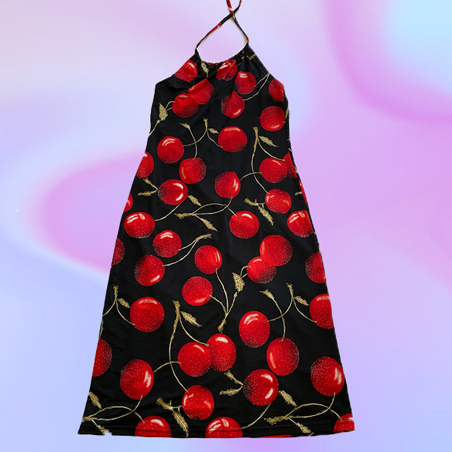 Vintage 90's Cherry Halter Neck Midi Dress