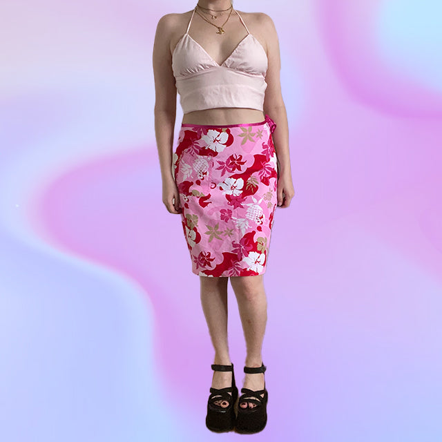 Vintage Y2K Pink Hibiscus Midi Skirt