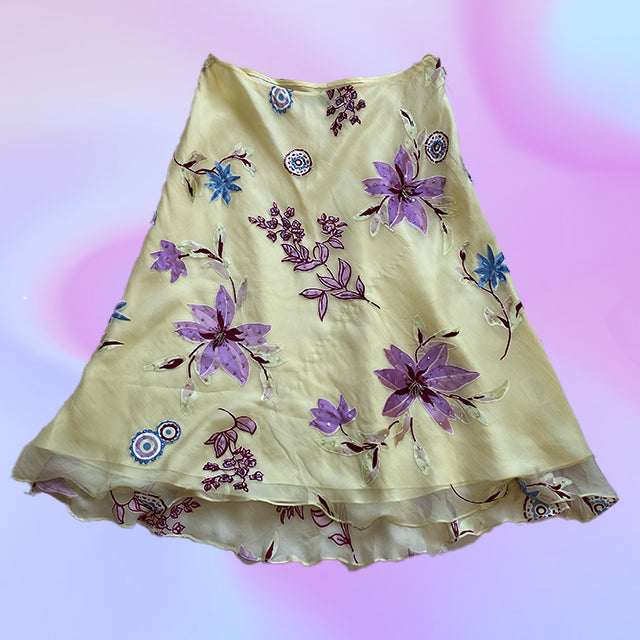 Vintage 90's Yellow Embroidered Floral Midi Skirt
