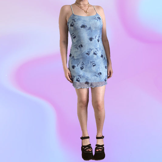 Vintage 90's Baby Blue Mesh Mini Cami Dress