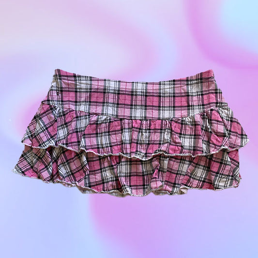 Vintage Y2K Pink Plaid Ruffle Mini Skirt
