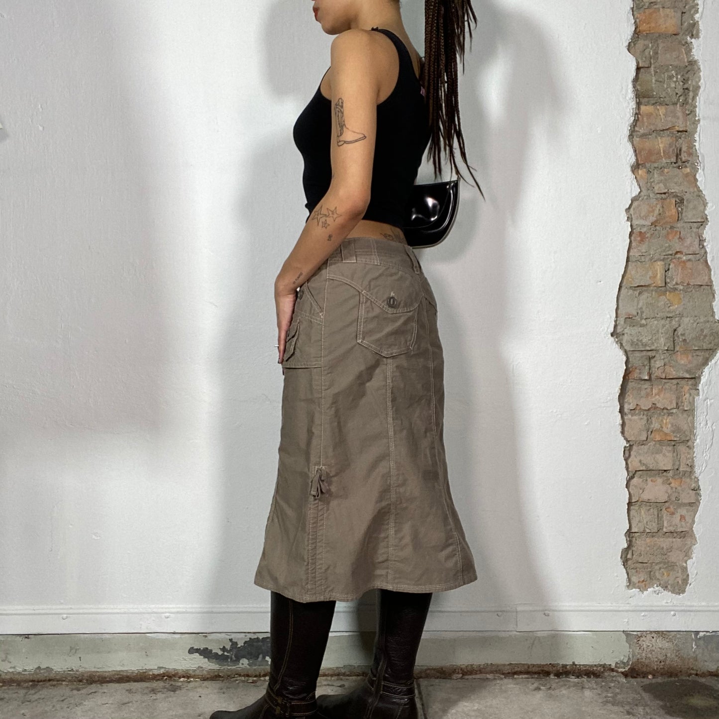 Vintage 2000's Grunge Brown  Cargo Midi Skirt with Contrast Stitching (S)