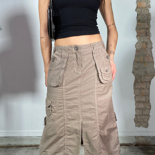 Vintage 2000's Grunge Brown Cargo Midi Skirt with Contrast Stitching (S)