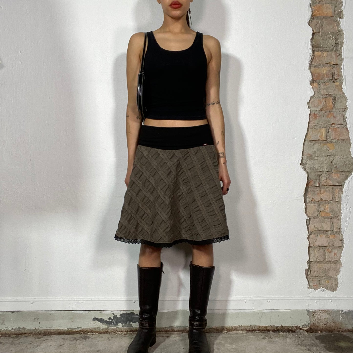 Vintage 2000's Whimsigoth Brown Plaid Skirt with Black Lace Hem (S/M)