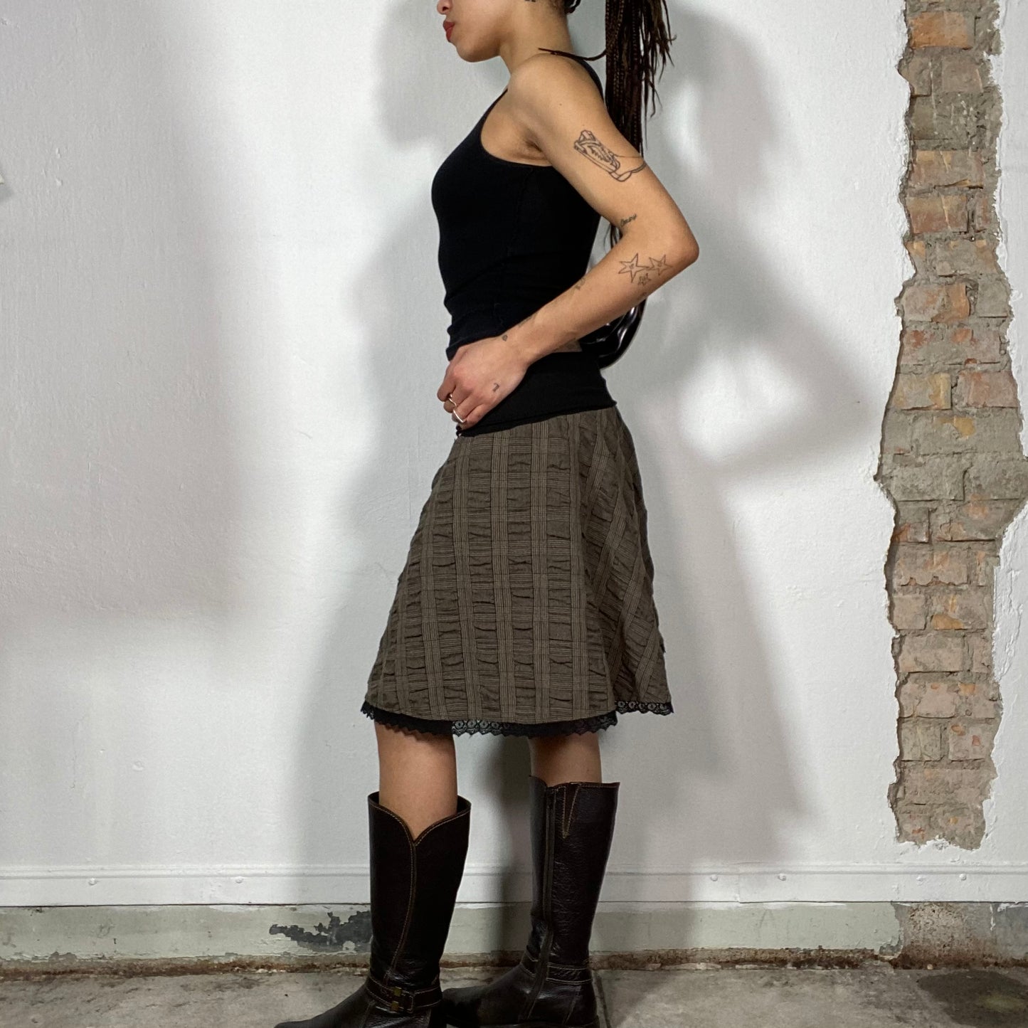 Vintage 2000's Whimsigoth Brown Plaid Skirt with Black Lace Hem (S/M)