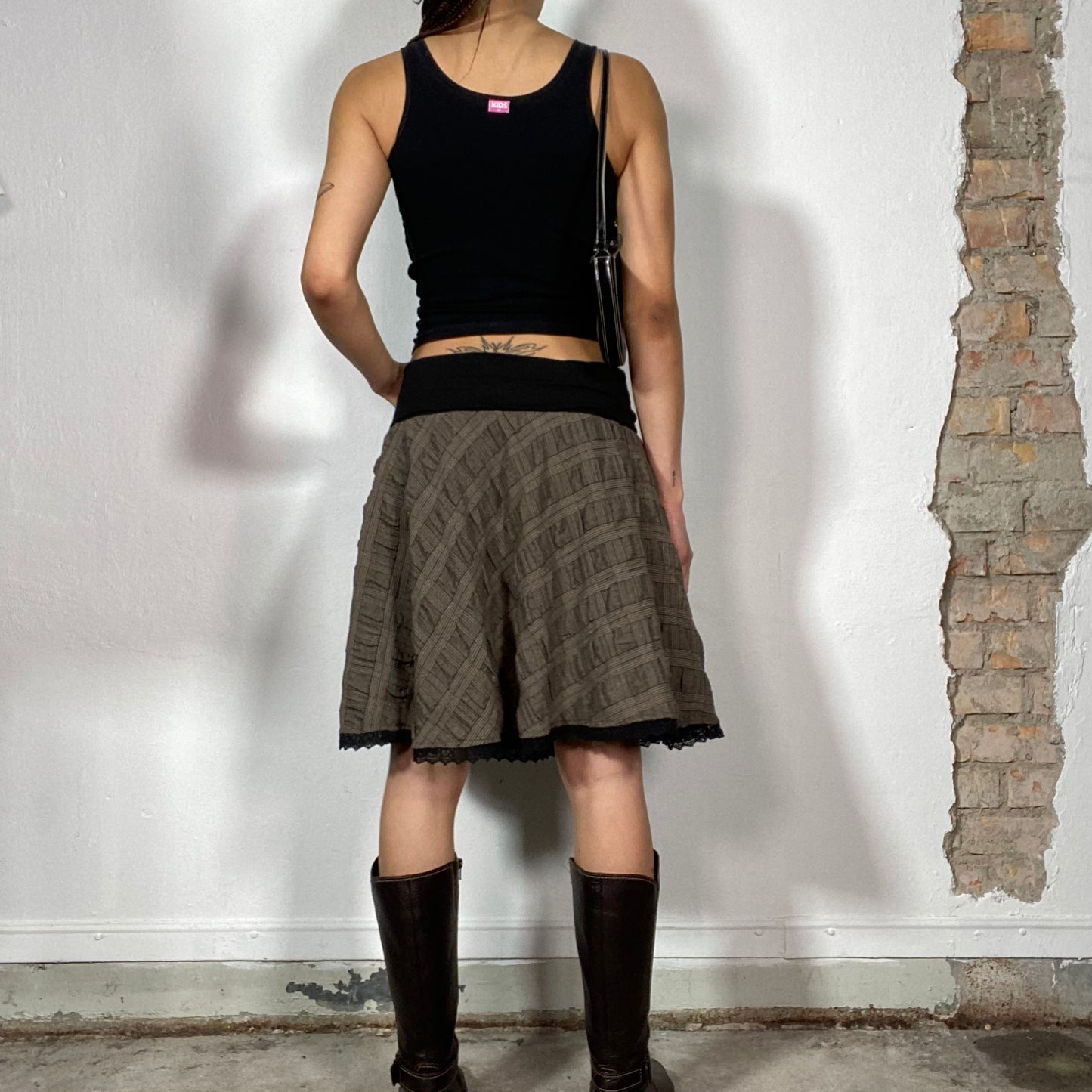 Vintage 2000's Whimsigoth Brown Plaid Skirt with Black Lace Hem (S/M)