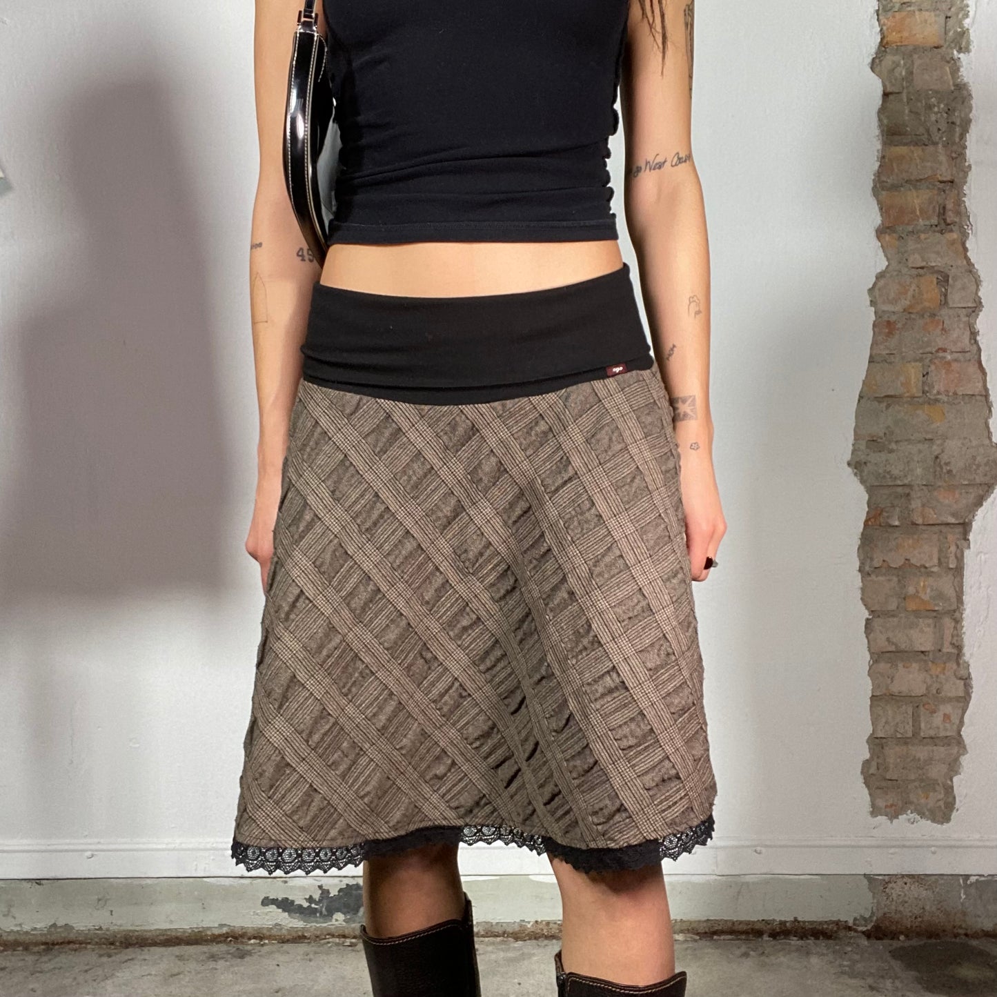 Vintage 2000's Whimsigoth Brown Plaid Skirt with Black Lace Hem (S/M)