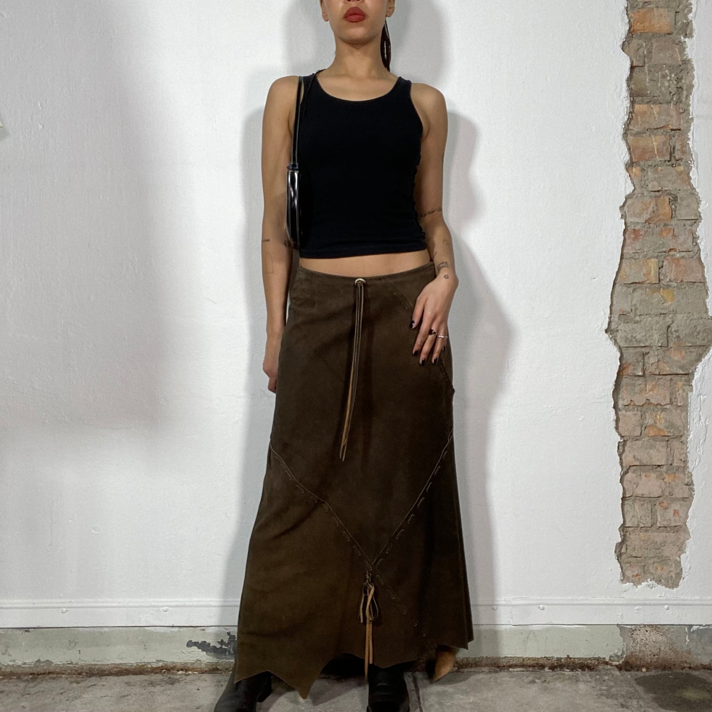 Vintage 90's Hippie Brown Suede Patchwork Maxi Skirt (S/M)