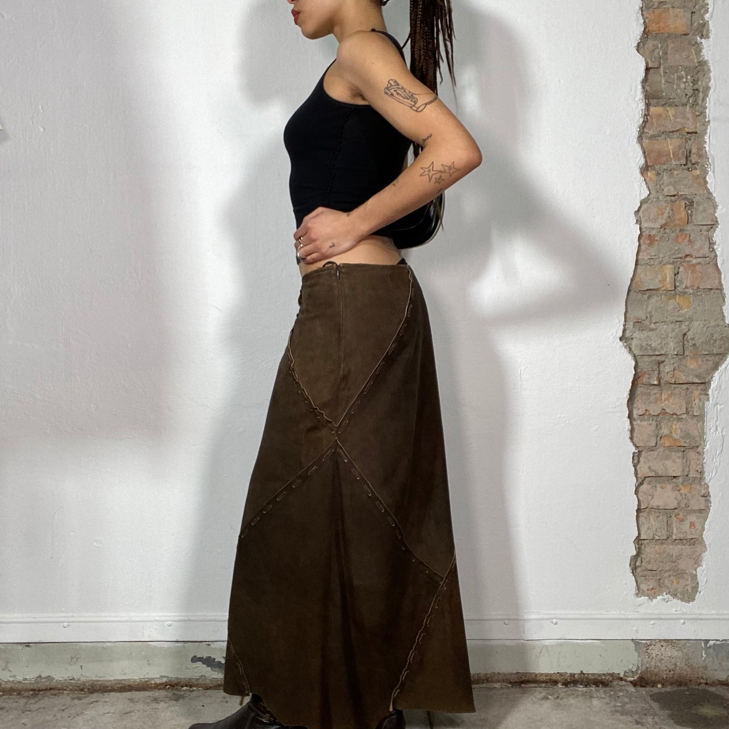 Vintage 90's Hippie Brown Suede Patchwork Maxi Skirt (S/M)