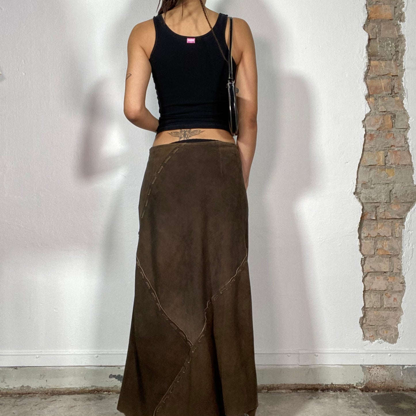 Vintage 90's Hippie Brown Suede Patchwork Maxi Skirt (S/M)