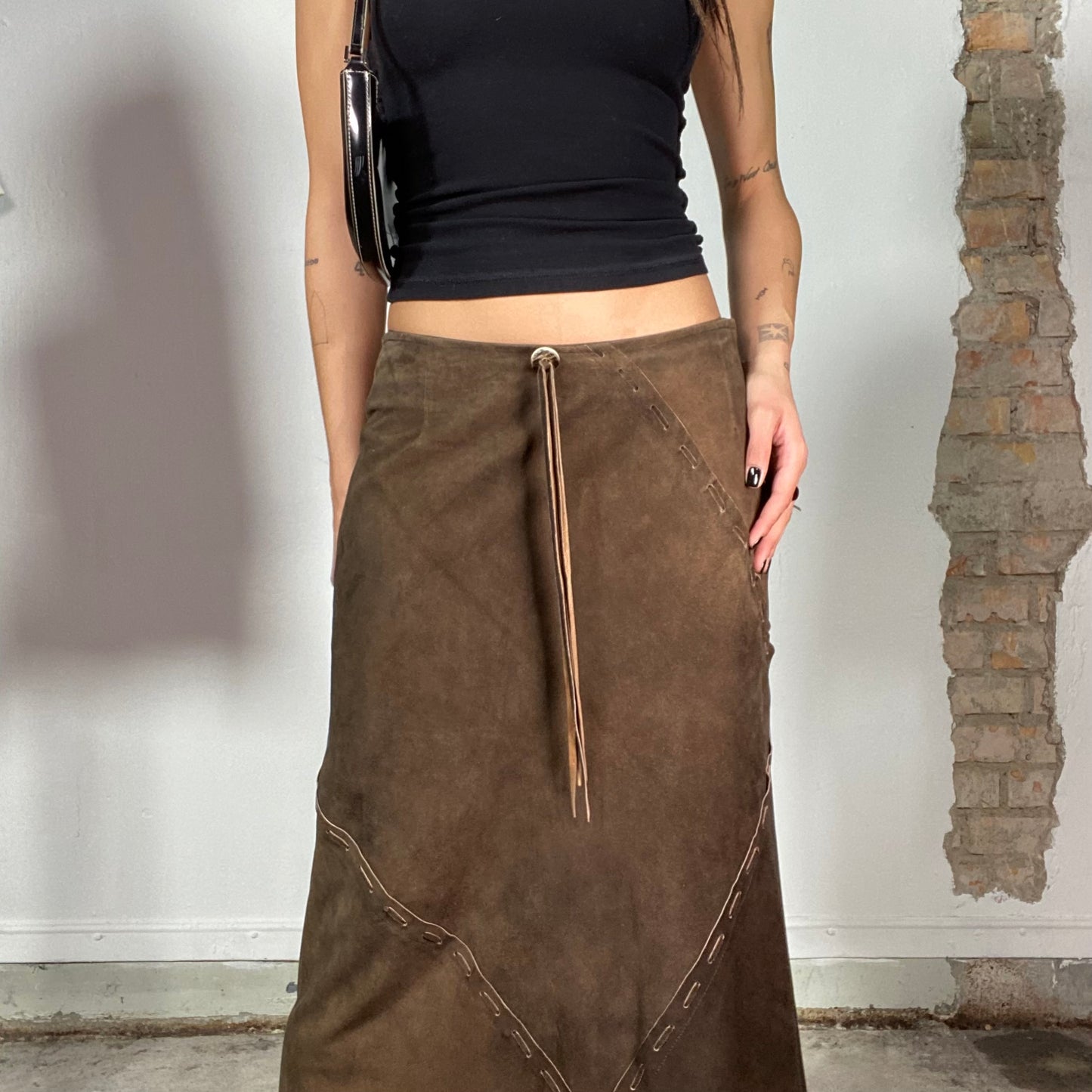 Vintage 90's Hippie Brown Suede Patchwork Maxi Skirt (S/M)