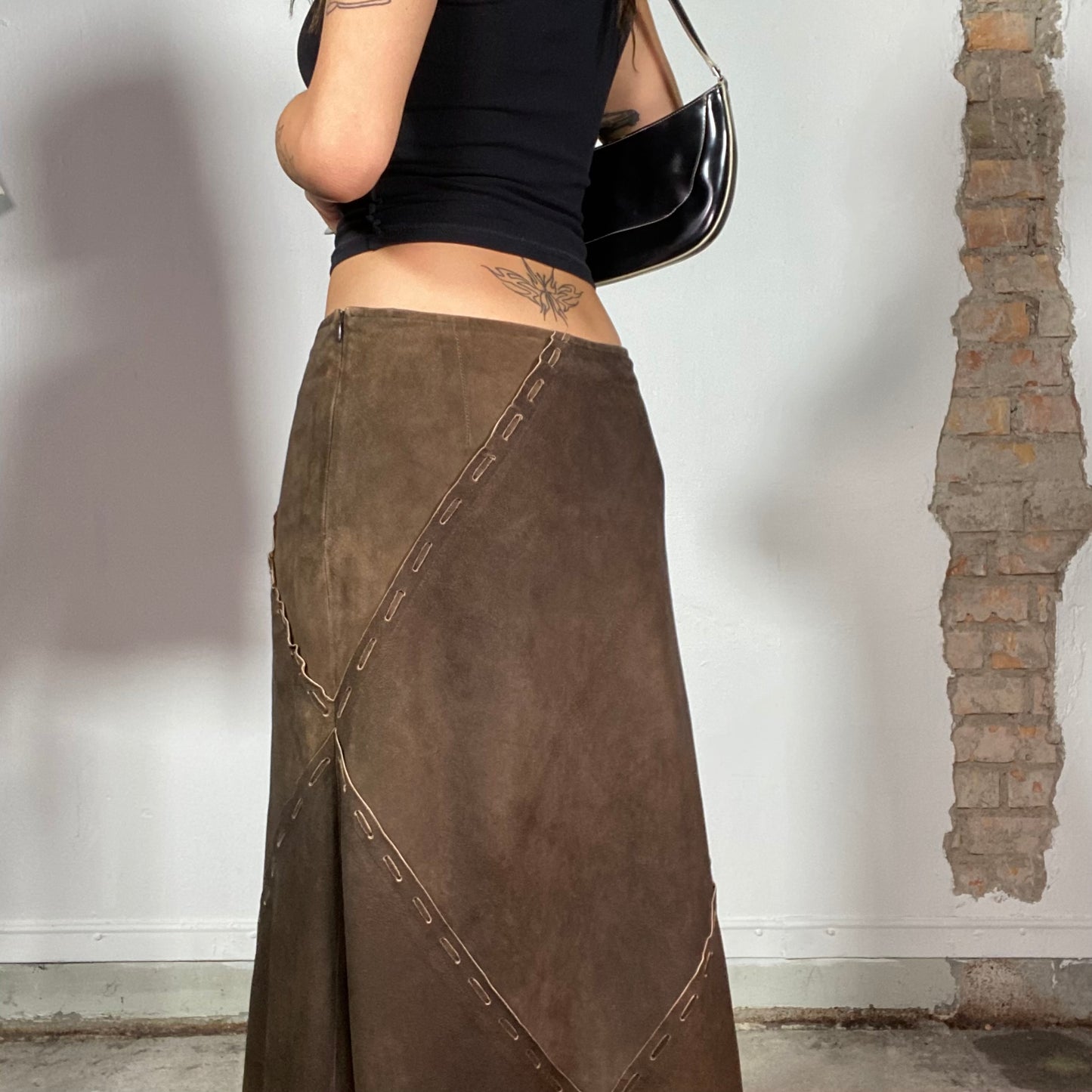 Vintage 90's Hippie Brown Suede Patchwork Maxi Skirt (S/M)