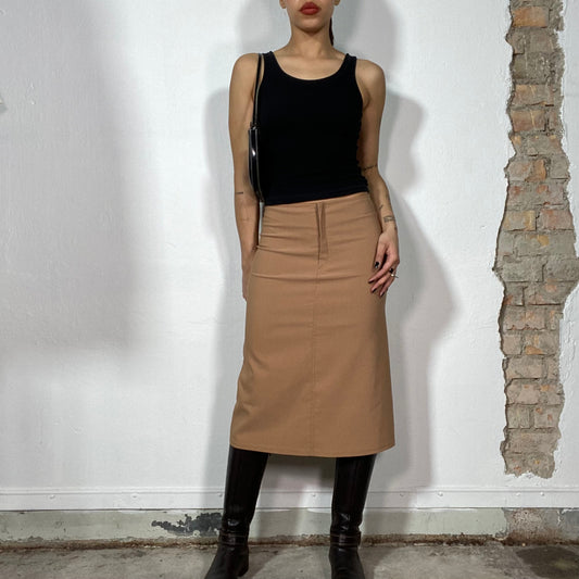 Vintage 90's Classic Camel Brown Midi Skirt with Back Slit (S)