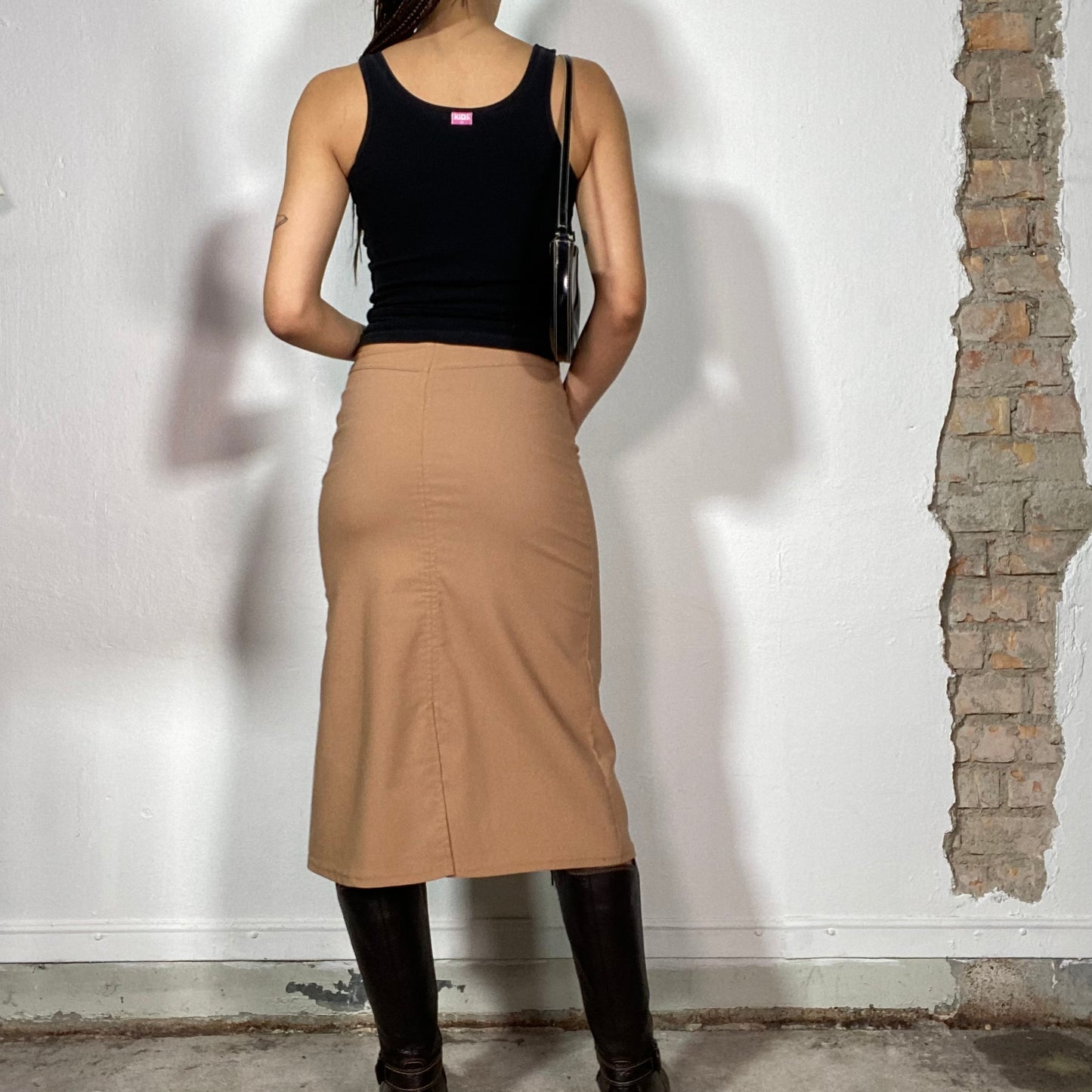 Vintage 90's Classic Camel Brown Midi Skirt with Back Slit (S)