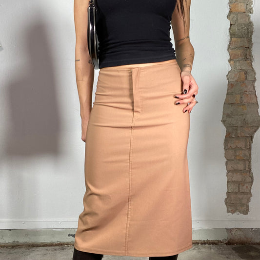 Vintage 90's Classic Camel Brown Midi Skirt with Back Slit (S)