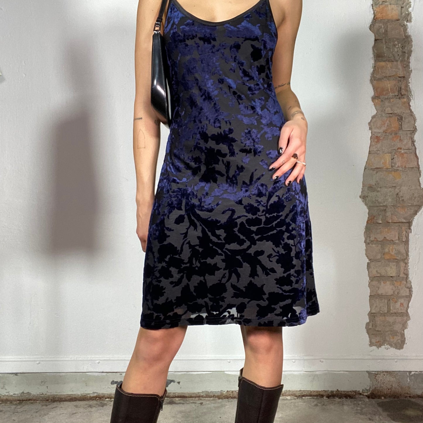 Vintage 90's Witchy Black and Blue Velvet Floral Slip Dress (S/M)