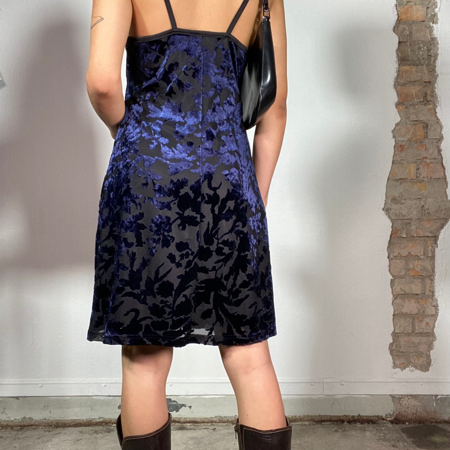 Vintage 90's Witchy Black and Blue Velvet Floral Slip Dress (S/M)