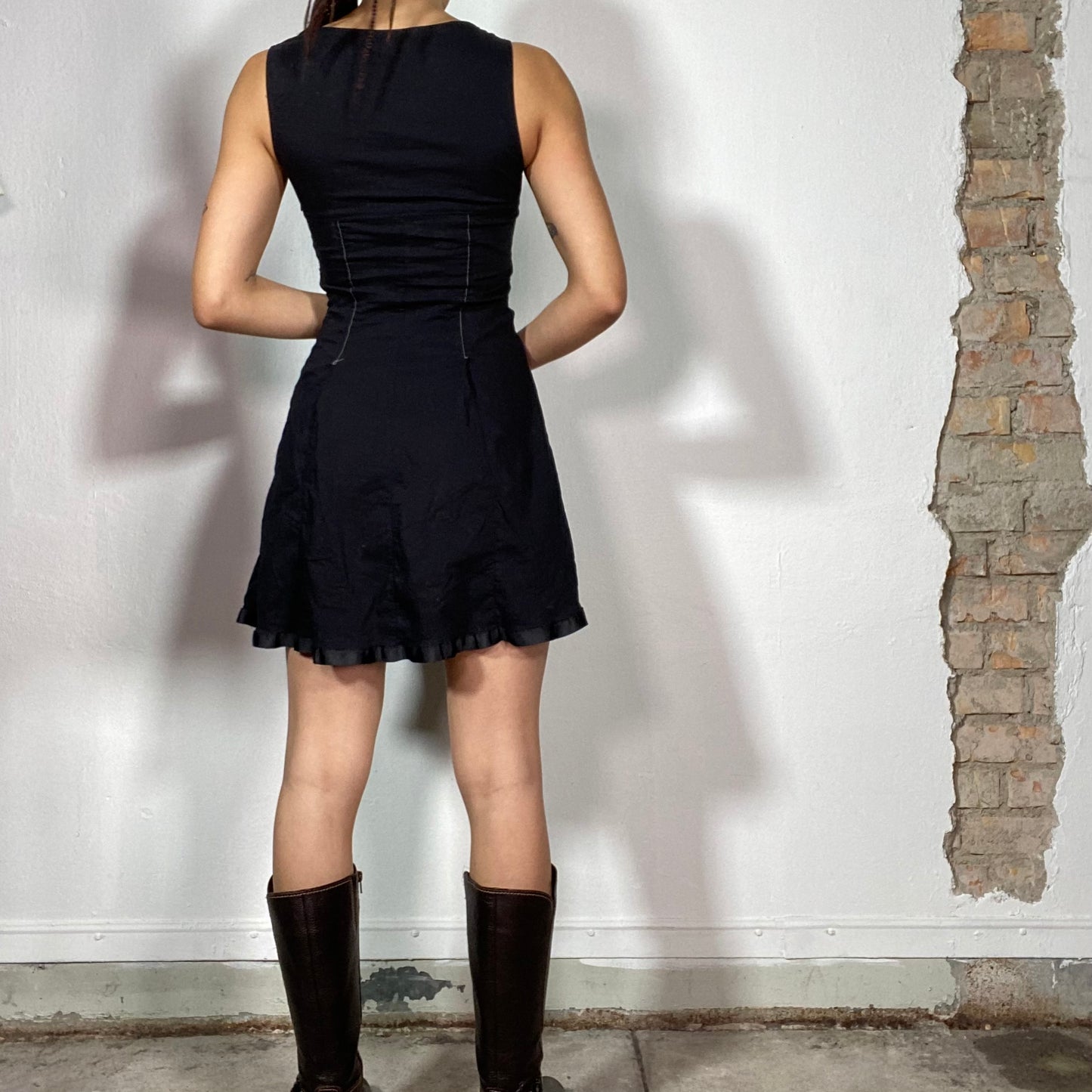 Vintage 90's Gothic Black Mini Dress with Zipper Details (S)