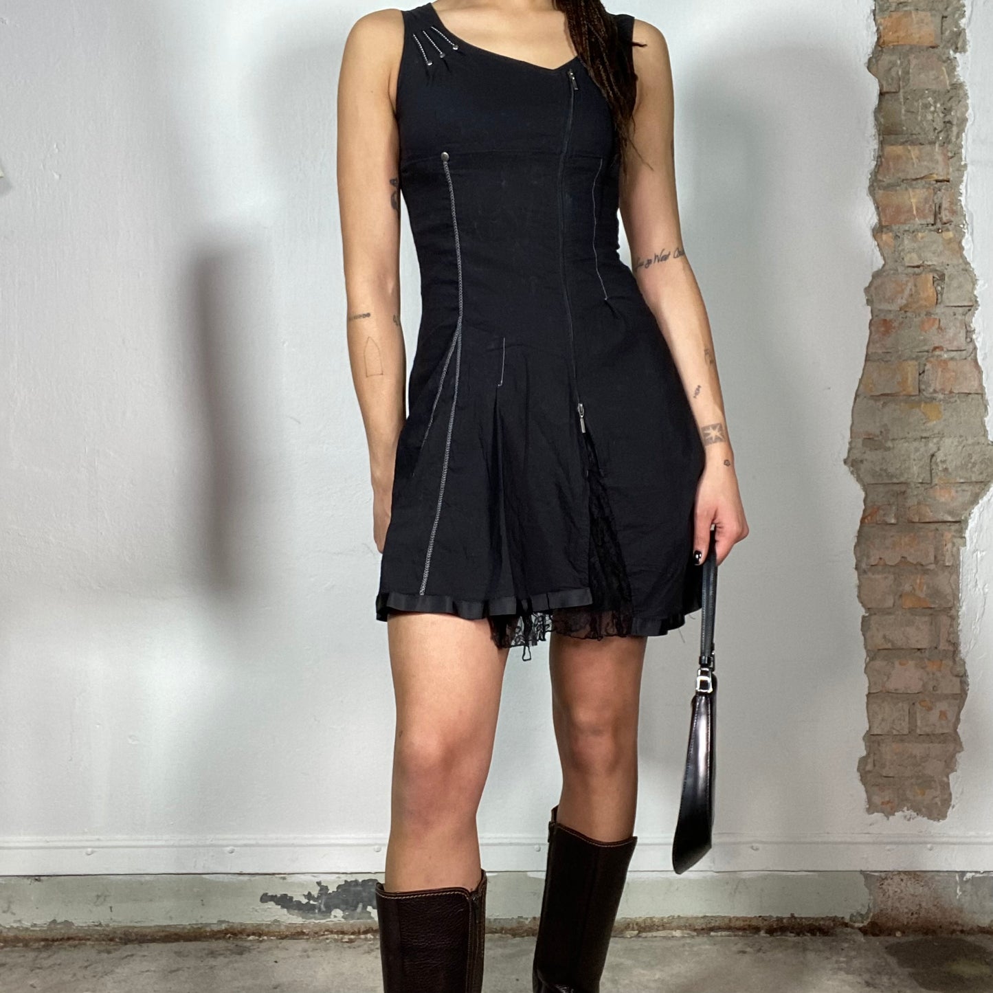 Vintage 90's Gothic Black Mini Dress with Zipper Details (S)