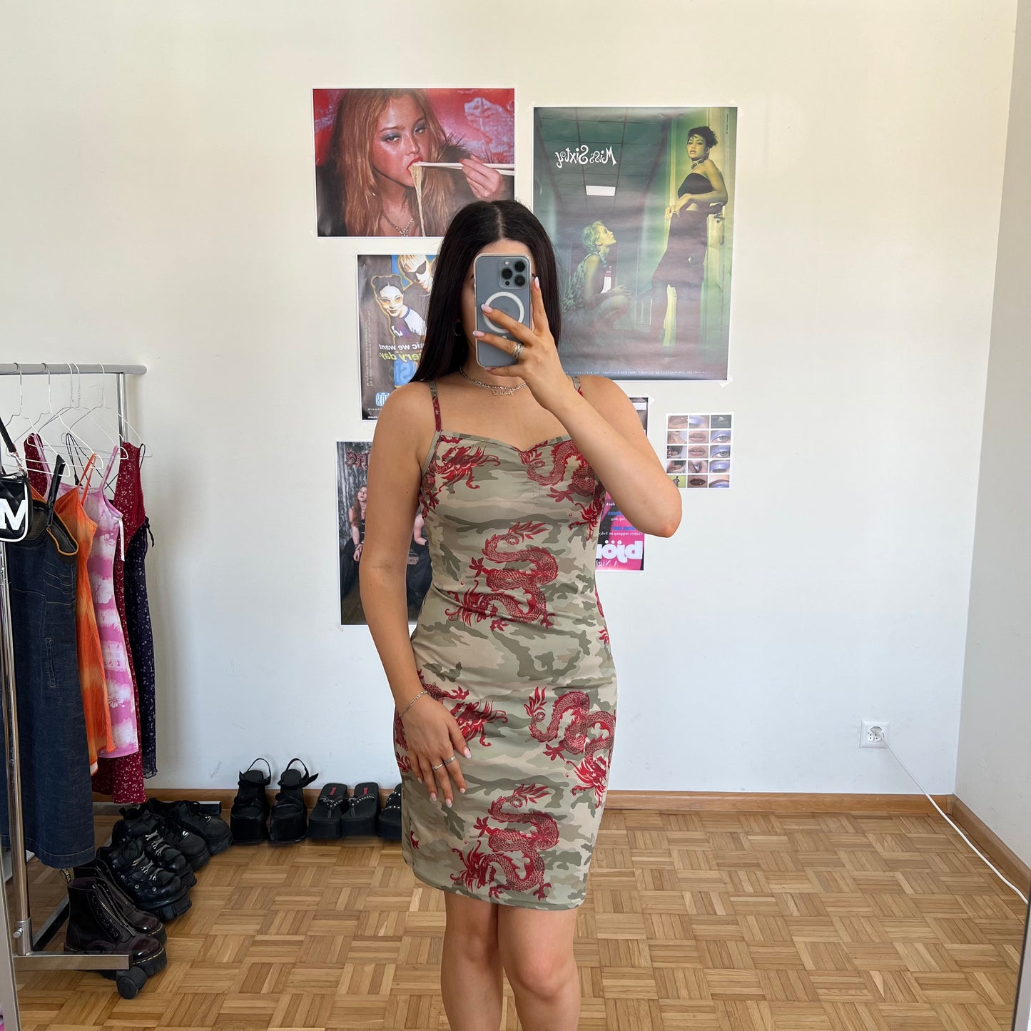 Vintage 90's Grunge Camo Print Midi Dress with Red Dragon Print (S)