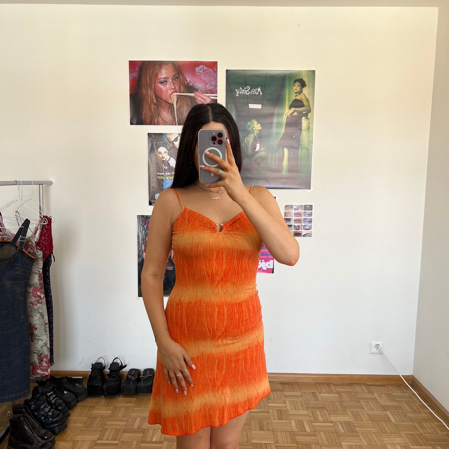 Vintage 90's Summer Orange Backless Dress with Ring Detail (XS)