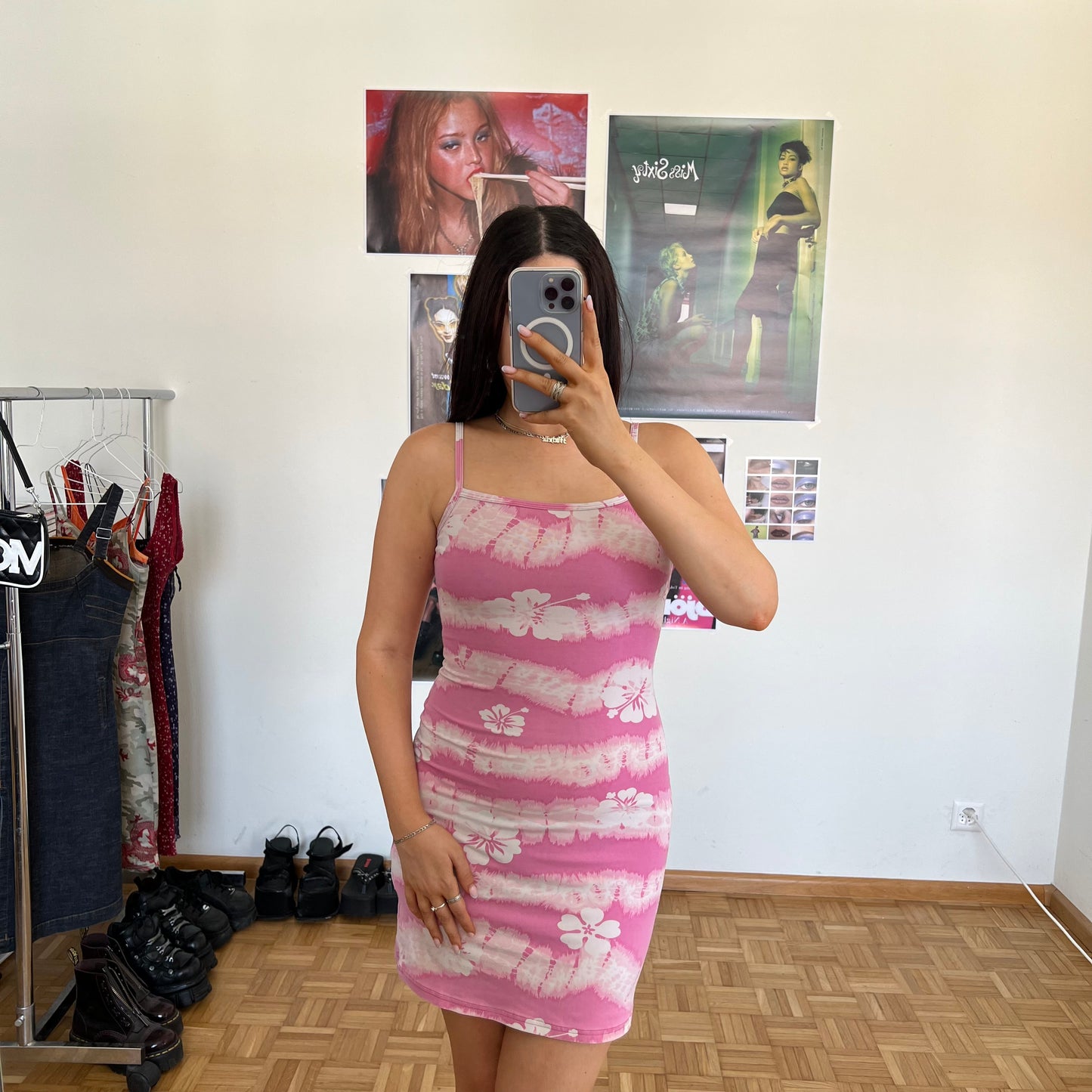 Vintage 90's Summer Pink Hibiscus Print Dress (XS)