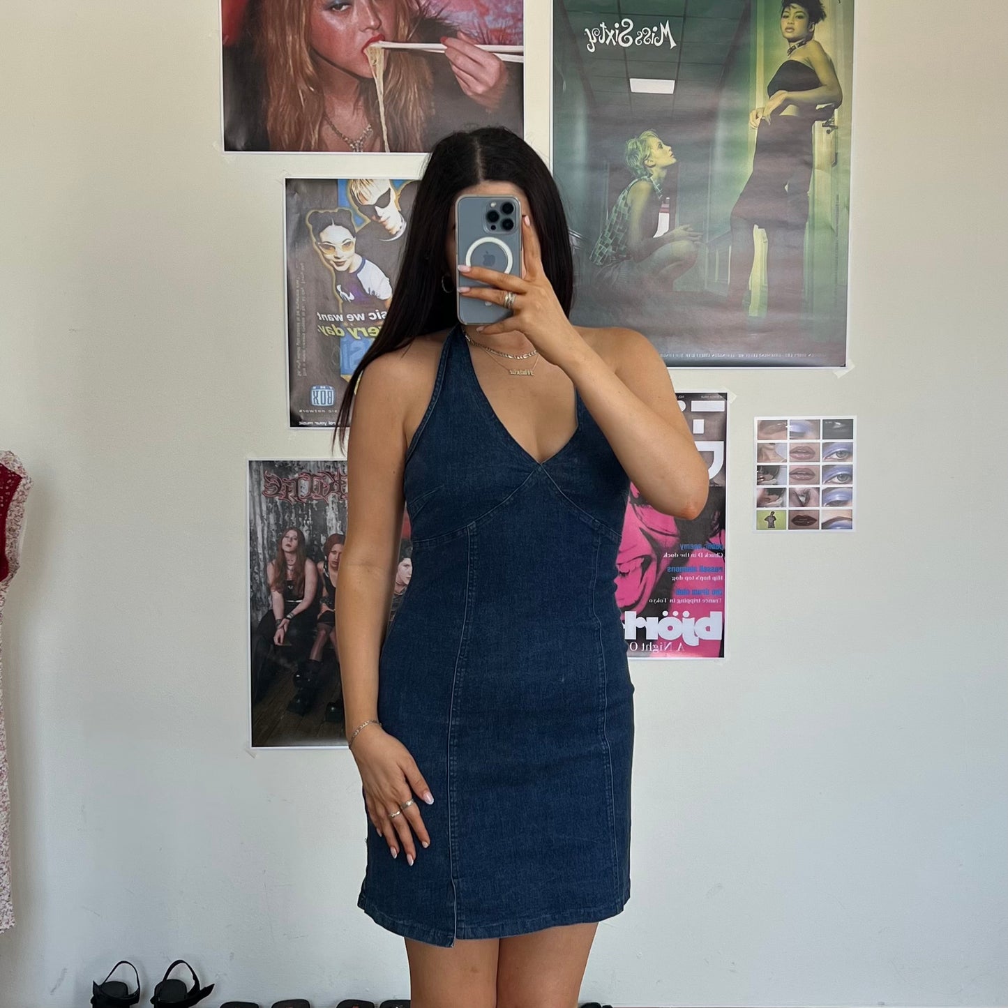 Vintage 90's Summer Denim Halter Mini Dress (S / 36 EU / UK 8 / US 4)