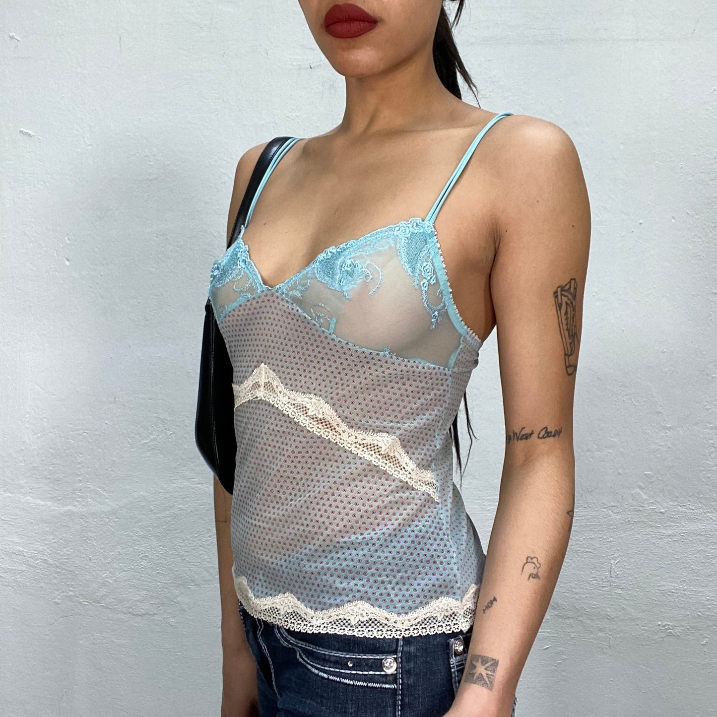 Vintage 2000's Lingerie Turquoise Mesh Cami Top with White Lace Details (S)