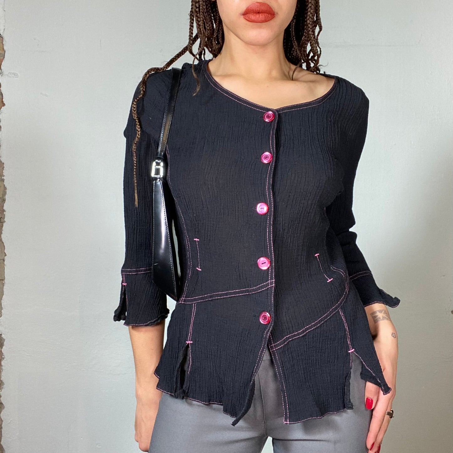 Vintage 2000's Cyber Black Blouse with Pink Contrast Stitching and Red Buttons (S/M)