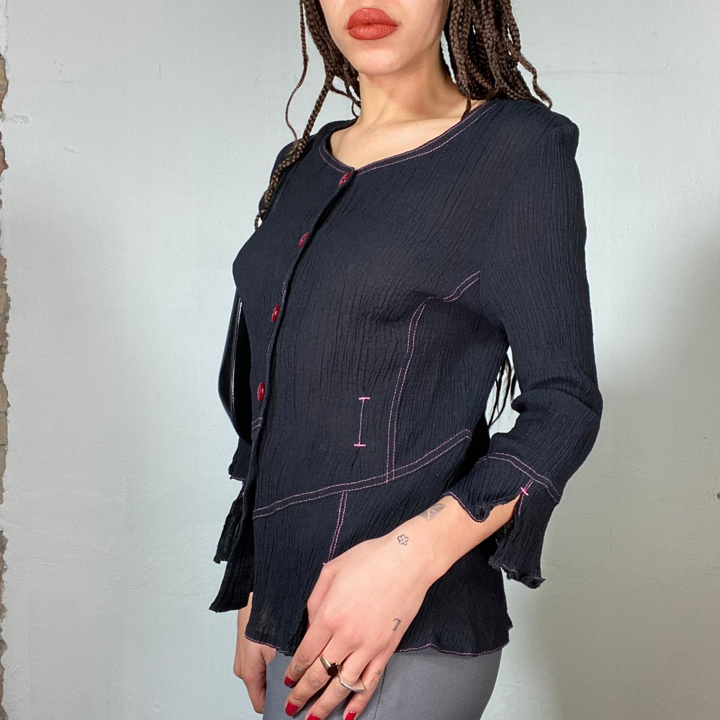 Vintage 2000's Cyber Black Blouse with Pink Contrast Stitching and Red Buttons (S/M)