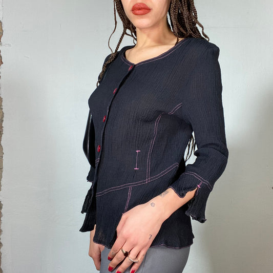 Vintage 2000's Cyber Black Blouse with Pink Contrast Stitching and Red Buttons (S/M)