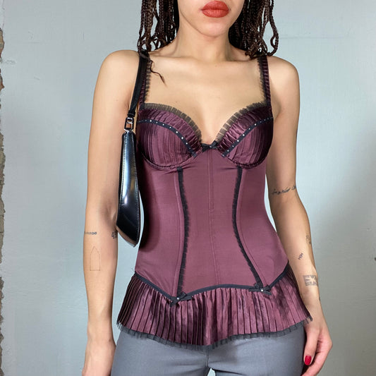 Vintage 2000's Gothic Dark Red Corset with Pleated Details (S)