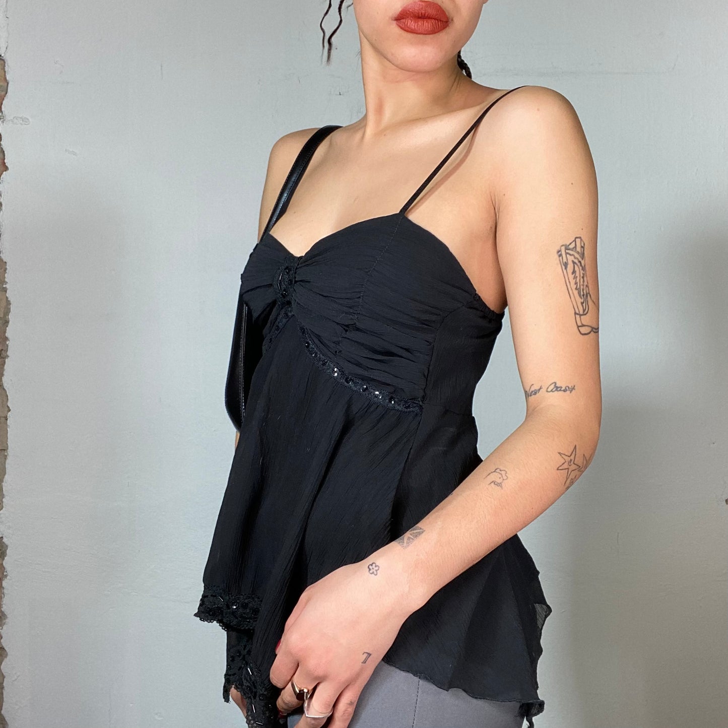 Vintage 2000's Clubwear Black Flowy Top with Beaded Details (S/M)