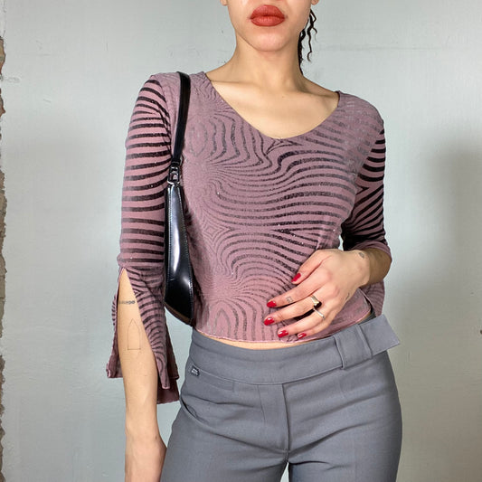 Vintage 2000's Downtown Girl Pink Top with Trumpet Sleeves ans Squiggly Stripes (S)