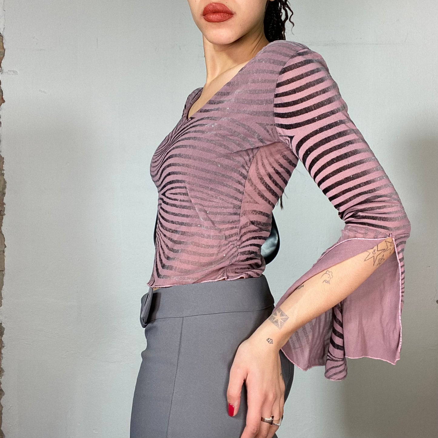 Vintage 2000's Downtown Girl Pink Top with Trumpet Sleeves ans Squiggly Stripes (S)