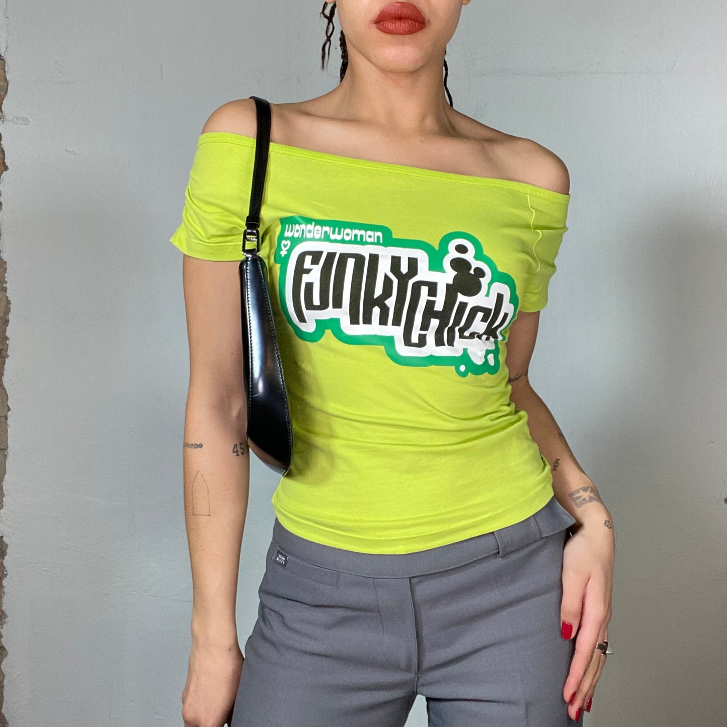 Vintage 2000's Funky green Off Shoulder Shirt with 'FunkyChick' Print (S)