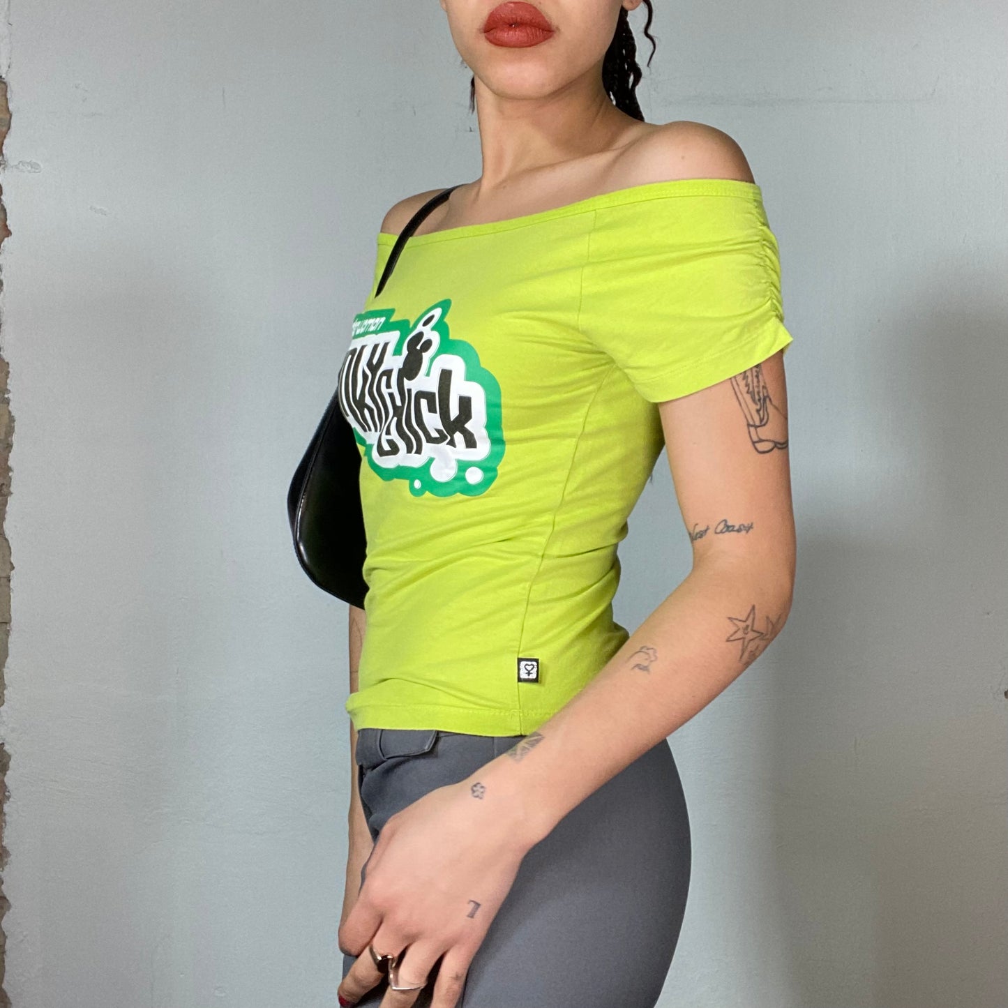 Vintage 2000's Funky green Off Shoulder Shirt with 'FunkyChick' Print (S)