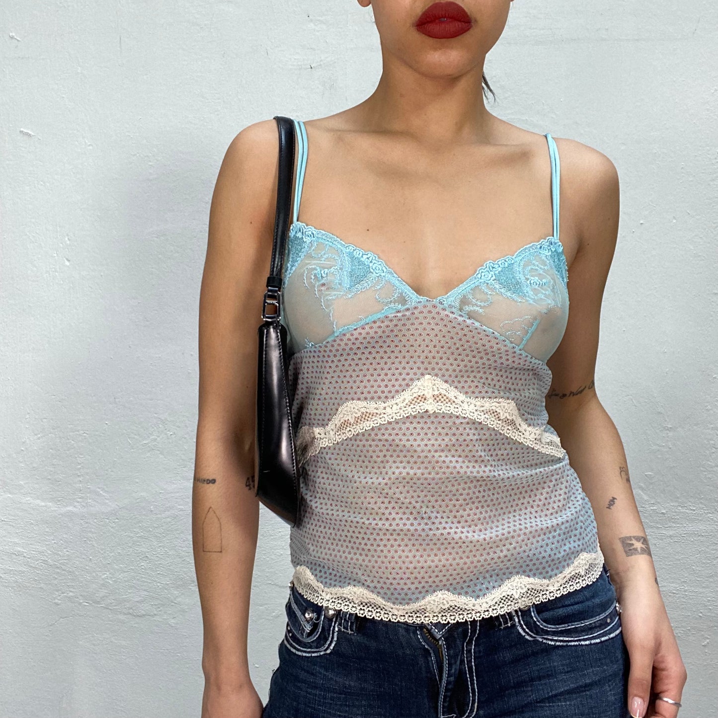 Vintage 2000's Lingerie Turquoise Mesh Cami Top with White Lace Details (S)