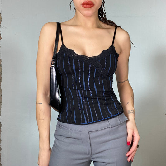 Vintage 2000's Clubwear Black Cami Top with Blue Glitter Stripes (S)