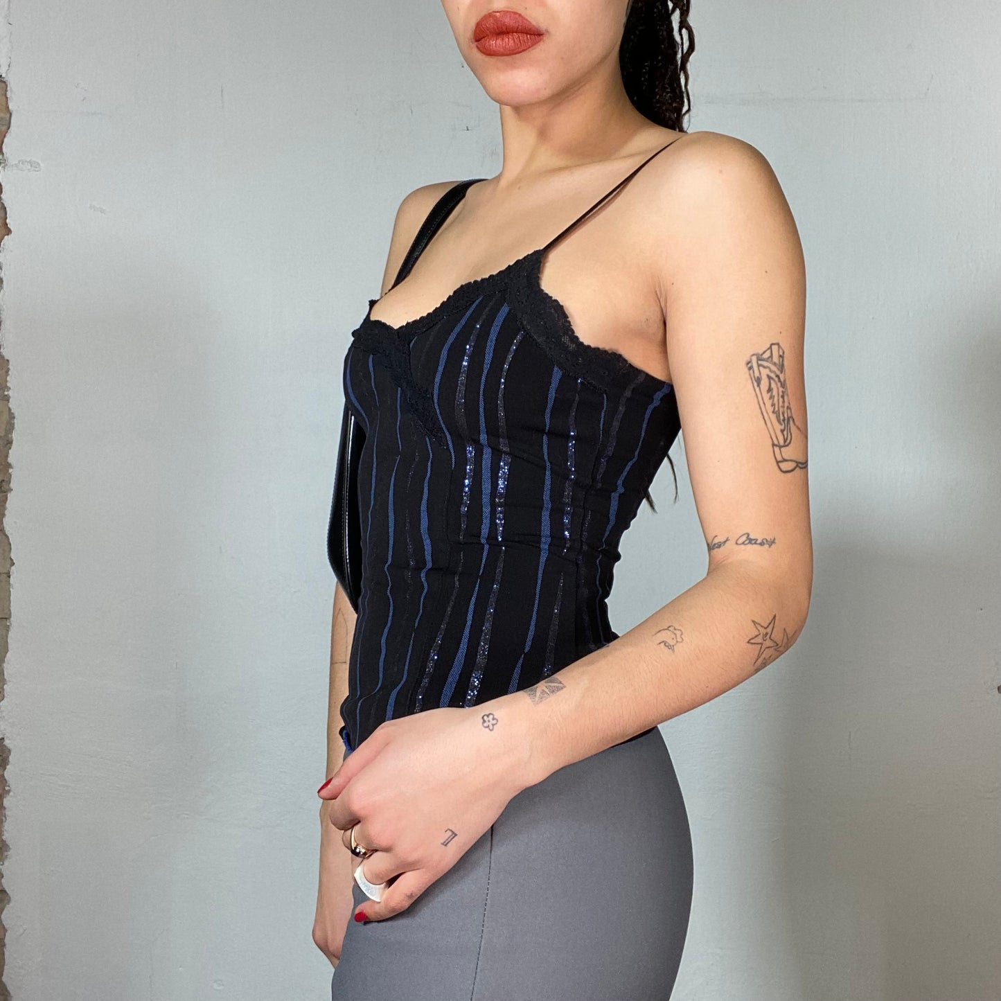 Vintage 2000's Clubwear Black Cami Top with Blue Glitter Stripes (S)