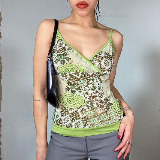 Vintage 2000's Summer Green Top with Mosaik/Flower Print (S)