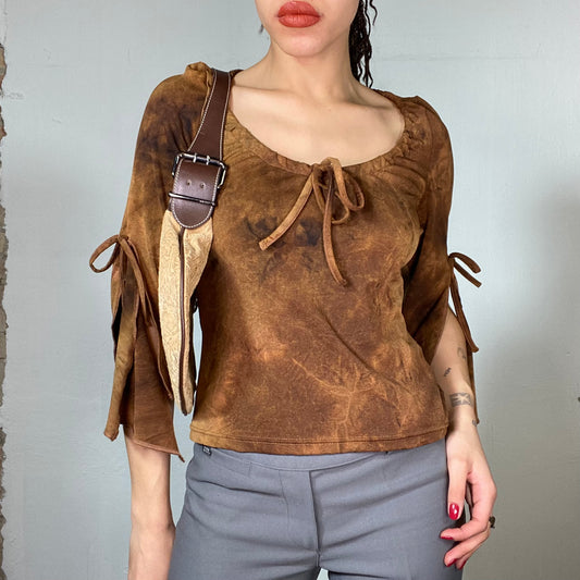 Vintage 2000's Fairy Brown Batik Top with Trumpet Sleeves (S)