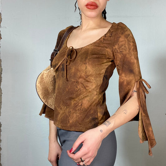 Vintage 2000's Fairy Brown Batik Top with Trumpet Sleeves (S)