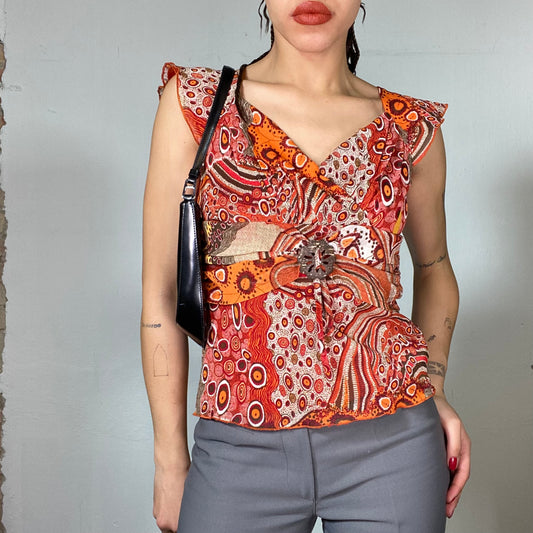 Vintage 2000's Hippie Orange Print Shirt with Buckle Waist Detail (S)