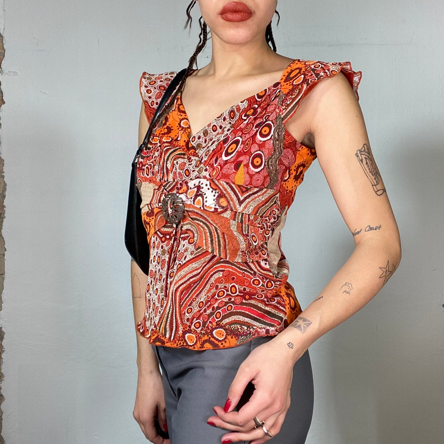 Vintage 2000's Hippie Orange Print Shirt with Buckle Waist Detail (S)