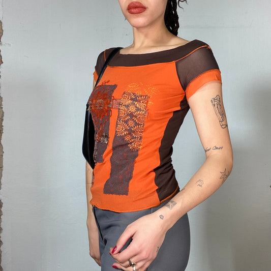 Vintage 2000's Whimsigoth Orange and Brown Shirt with Flower Embroidery Print (S/M)