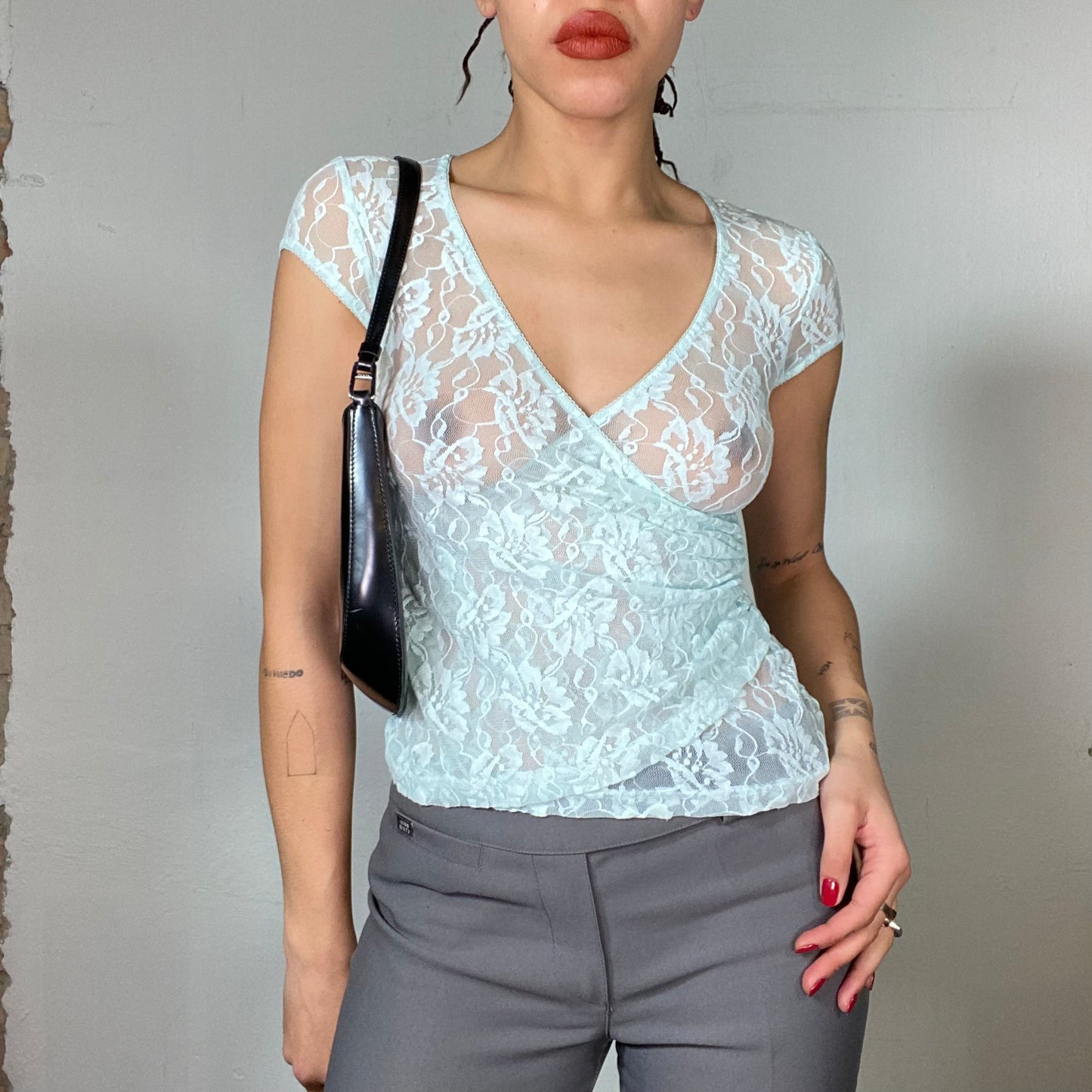 Vintage 2000's Fairy Baby Blue V-Neck Lace Shirt (S)