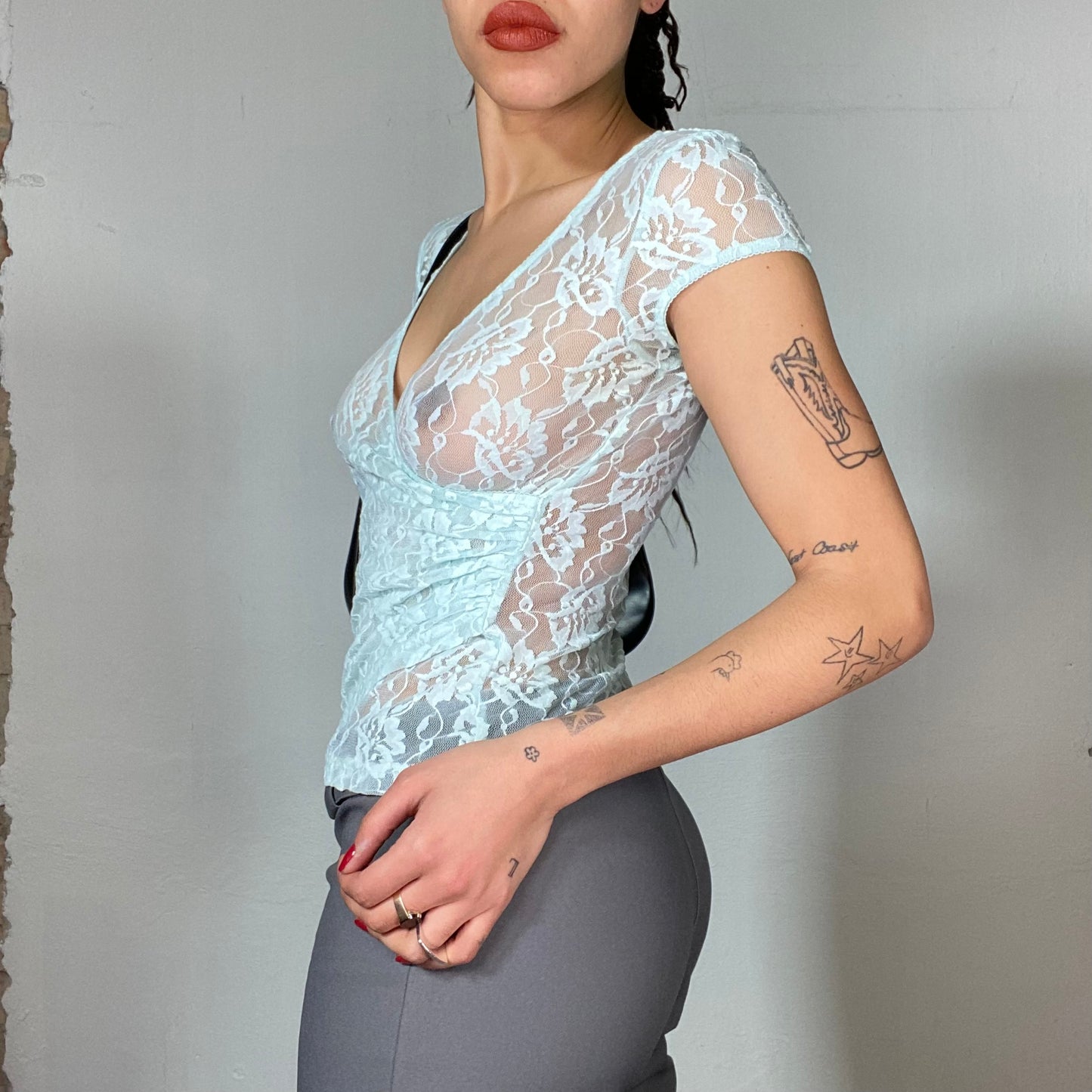 Vintage 2000's Fairy Baby Blue V-Neck Lace Shirt (S)