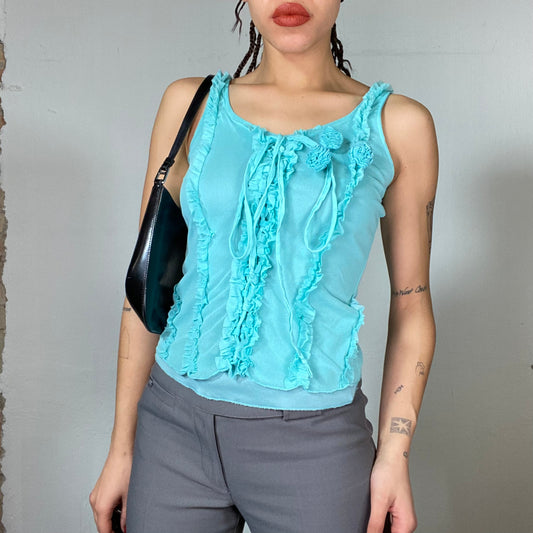 Vintage 2000's Funky Turquoise Top with Lots of Ruffle Details (S)