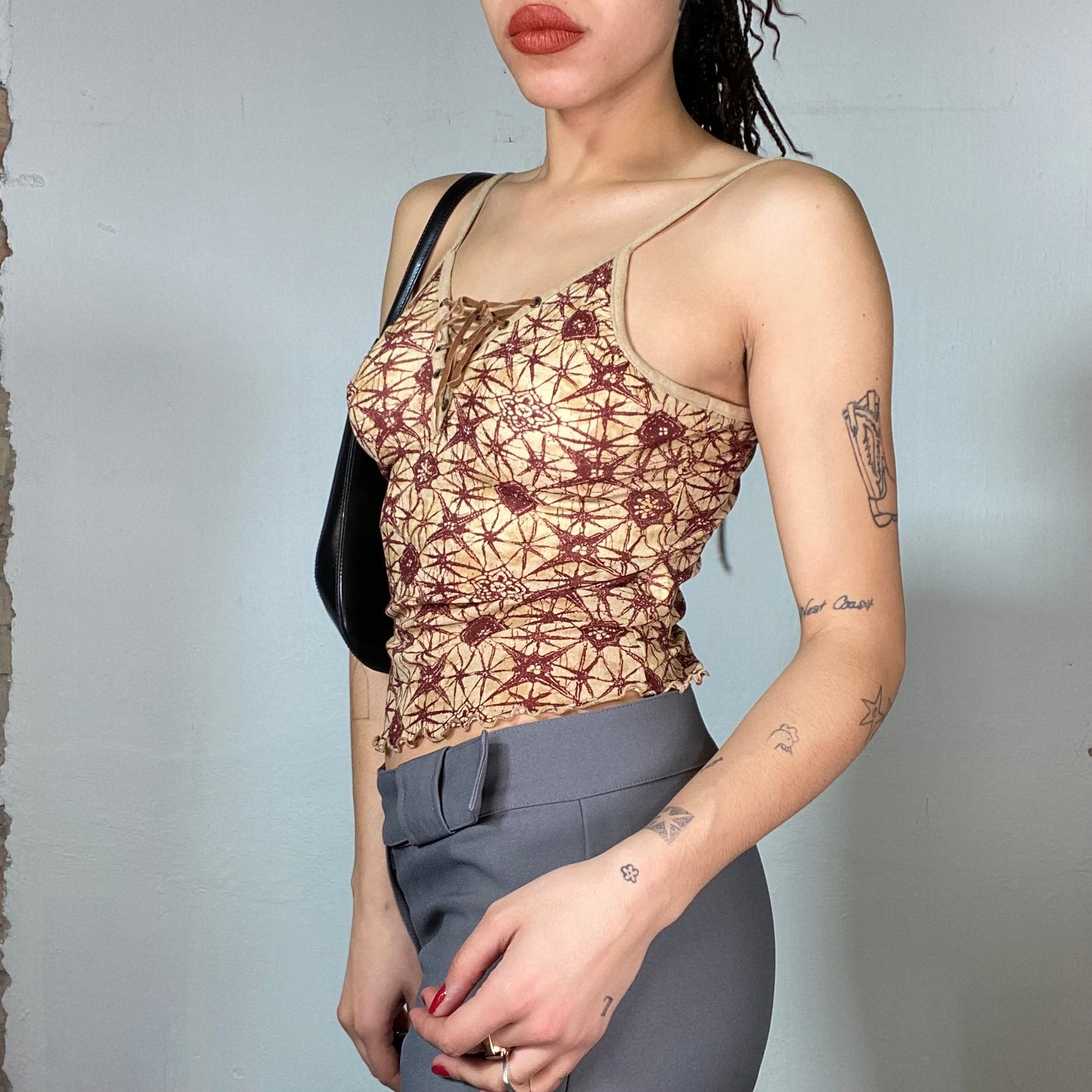 Vintage 2000's Western Beige Top with Red Print and Lace Up Detail (S)